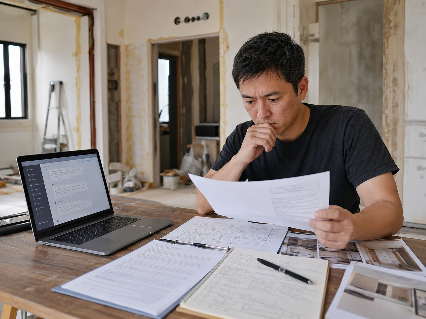 屋主利用 AI 查詢裝修資訊，準備檢視裝修文件。