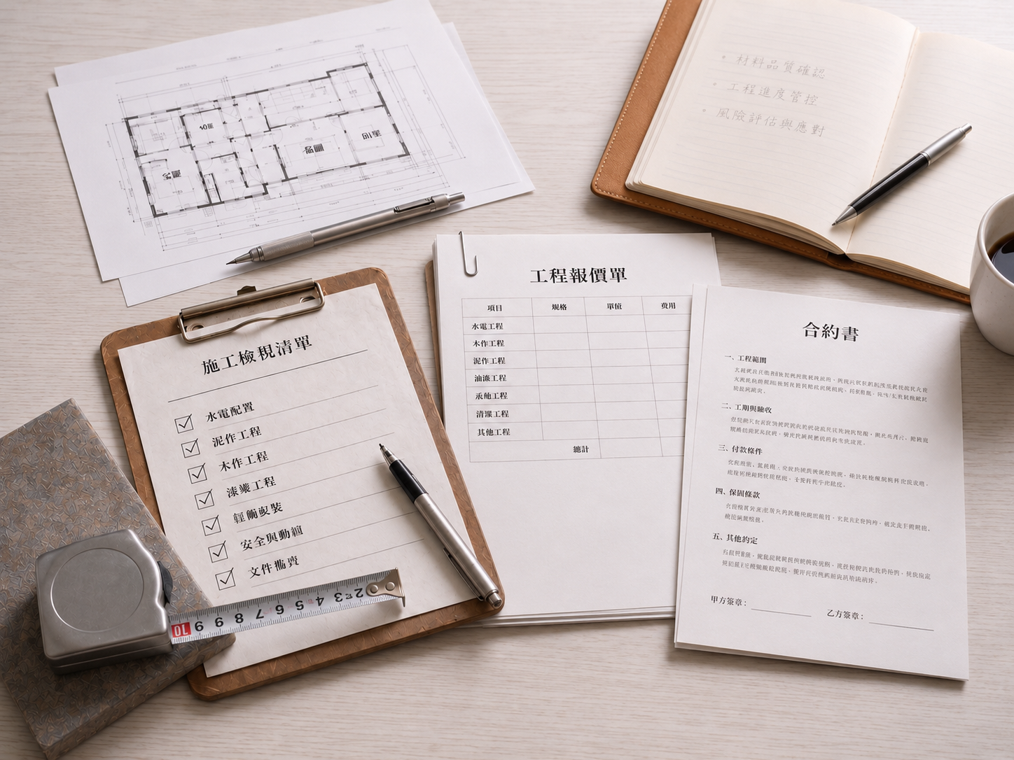裝修顧問檢視合約書、工程報價單、施工檢查清單與設計圖面的示意圖