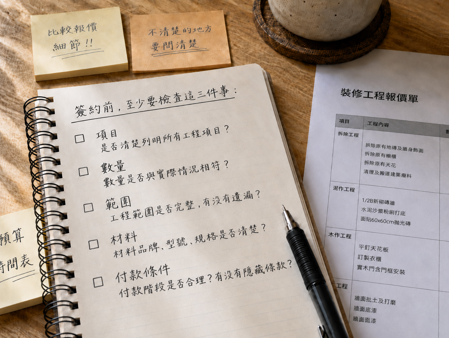 裝修報價單與簽約前檢查清單，提醒屋主確認工程項目、數量、範圍、材料與付款條件。